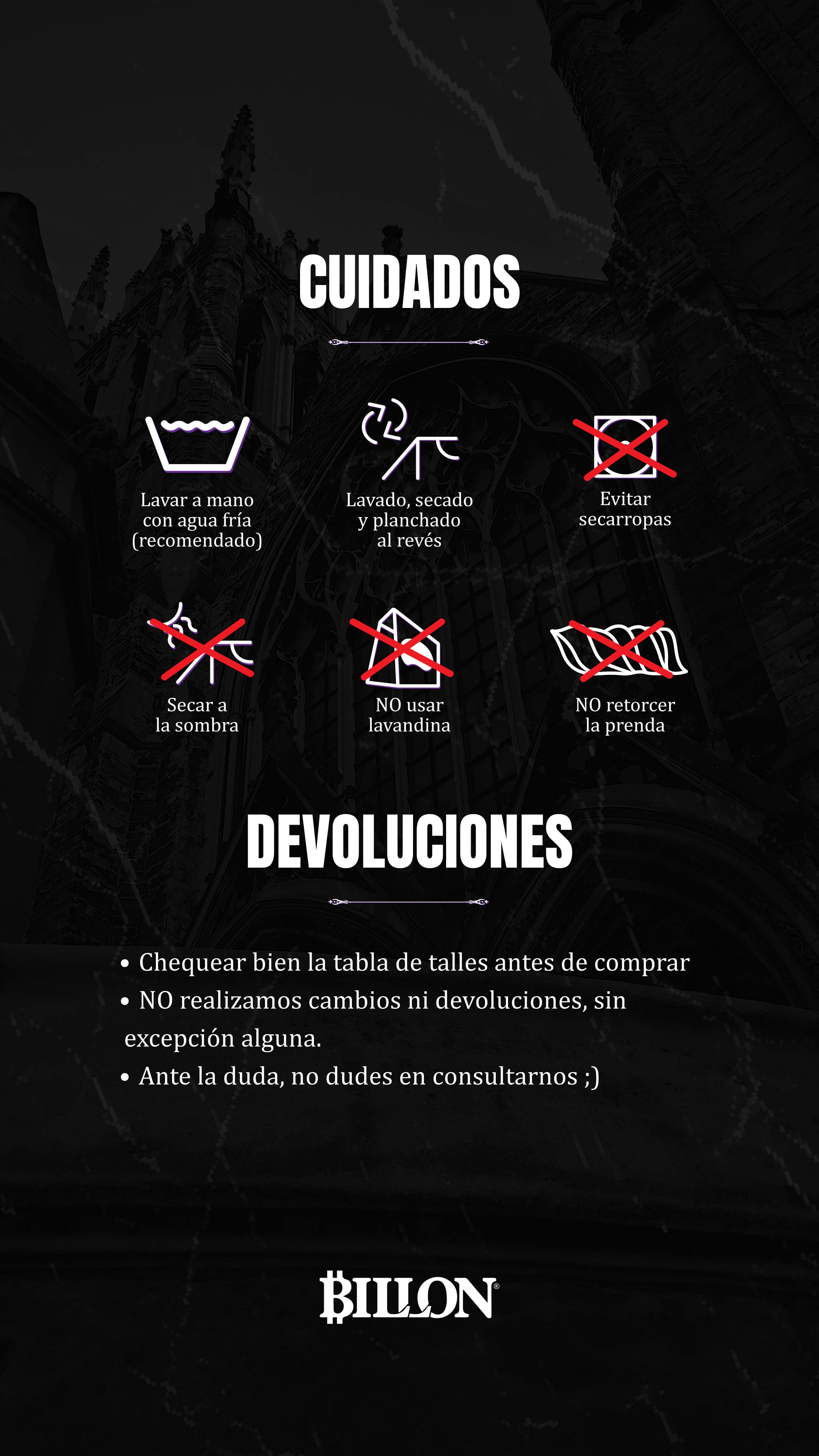 Instrucciones de cuidados para prendas de Billon